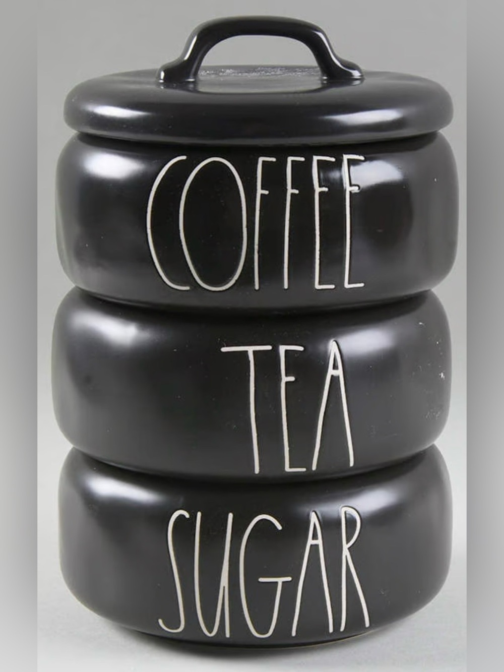 Rae Dunn black ceramic stacking kitchen canister set COFFEE TEA SUGAR w/lid